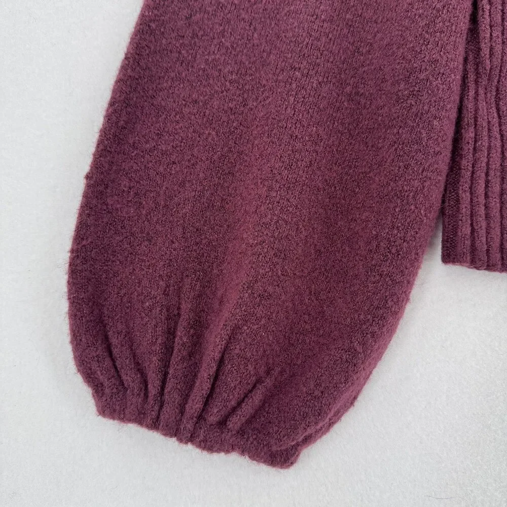 Halogen Sweater Women S Burgundy Square Neck Balloon Sleeve Wool Blend Cropped